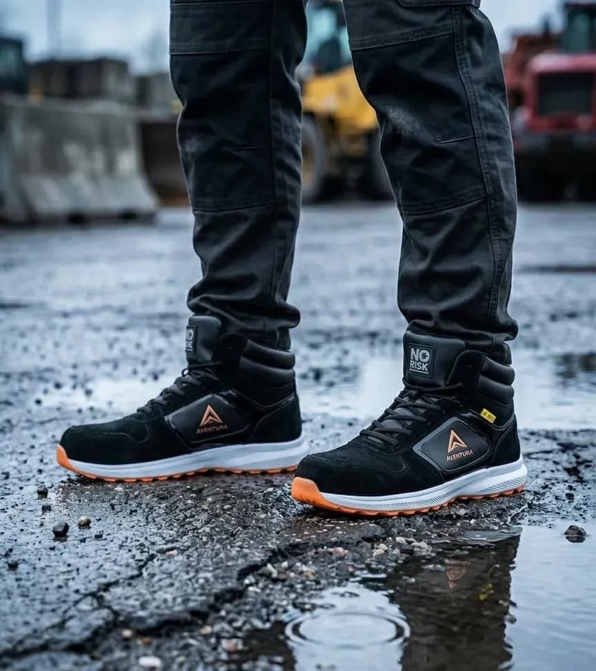 Atmospheric image No Risk Jumper High on a wet construction site