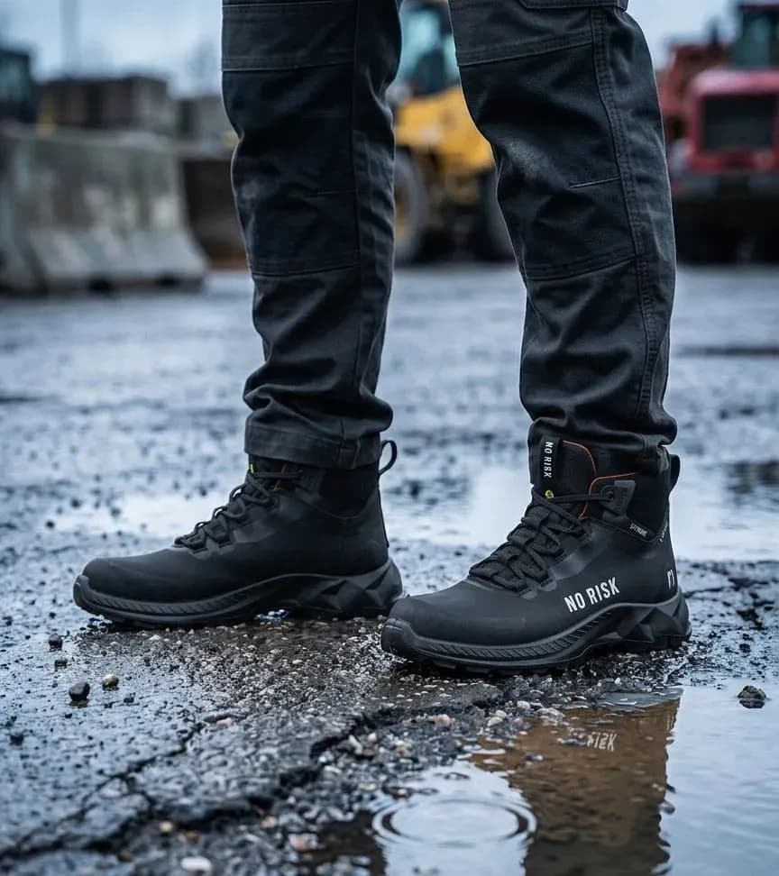 Atmospheric image of No Risk X-treme Mid Black on a wet construction site