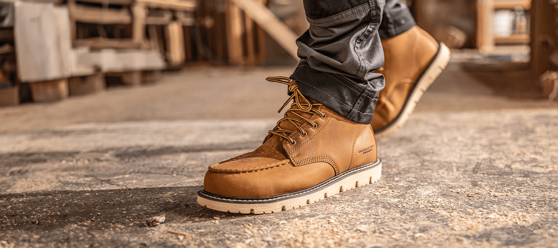 A close-up of a brown work shoe