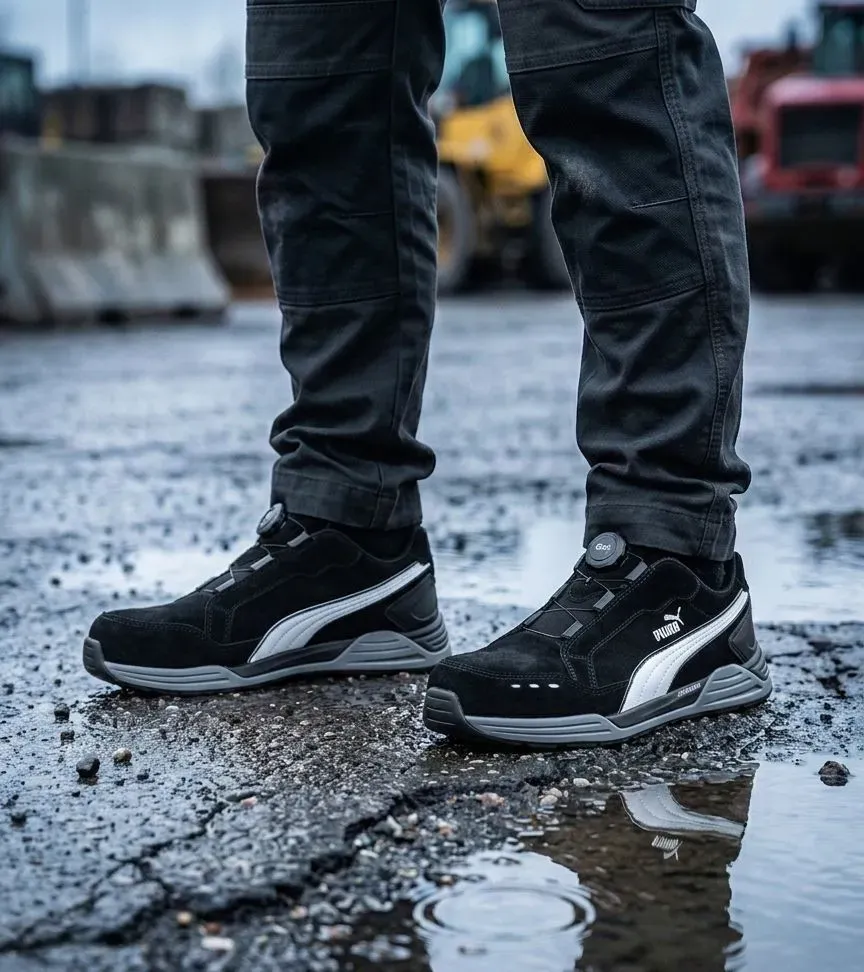 Atmospheric image of Puma Airtwist Black Low DISC 644651 S3 on a wet construction site