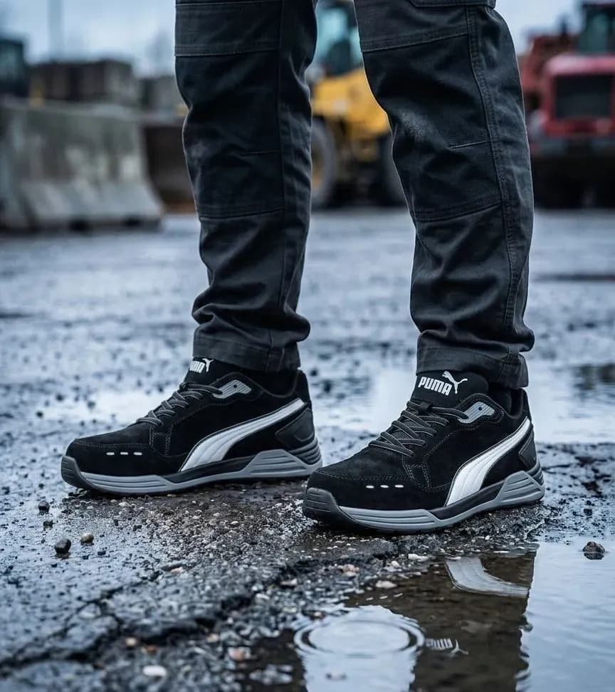 Atmospheric image of Puma Airtwist Black Low on a wet construction site
