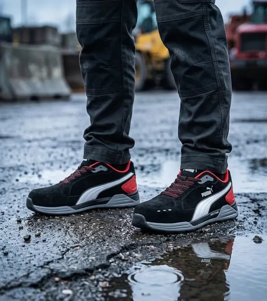 Stimmungsbild Puma Airtwist Black/Red Niedrig auf nasser Baustelle