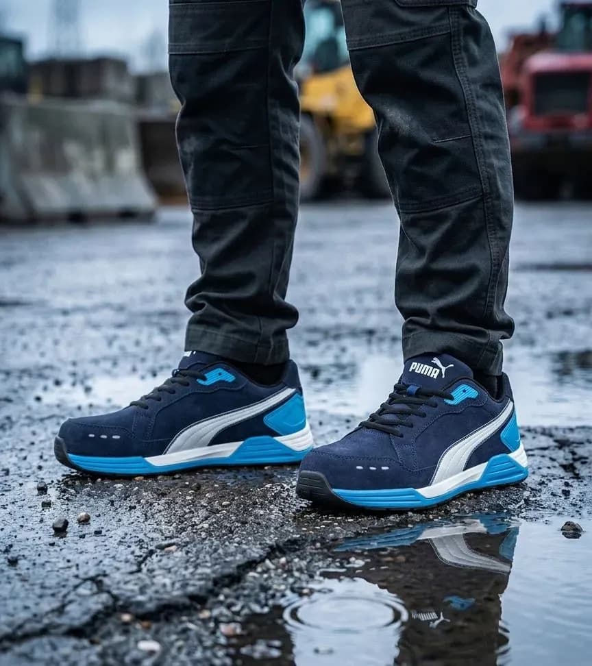 Atmosferyczny obraz Puma Airtwist Blue Niski na mokrym placu budowy