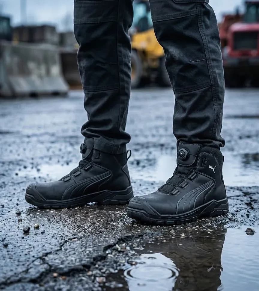 Atmospheric image of Puma Cascades DISC Mid 630211 S3 on a wet construction site