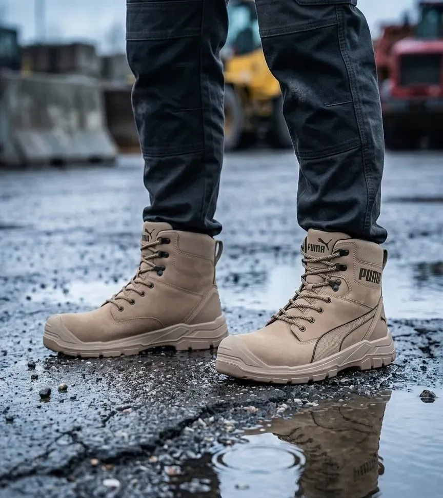 Sfeerafbeelding Puma Conquest Stone Hoog 630740 S3 op natte bouwplaats