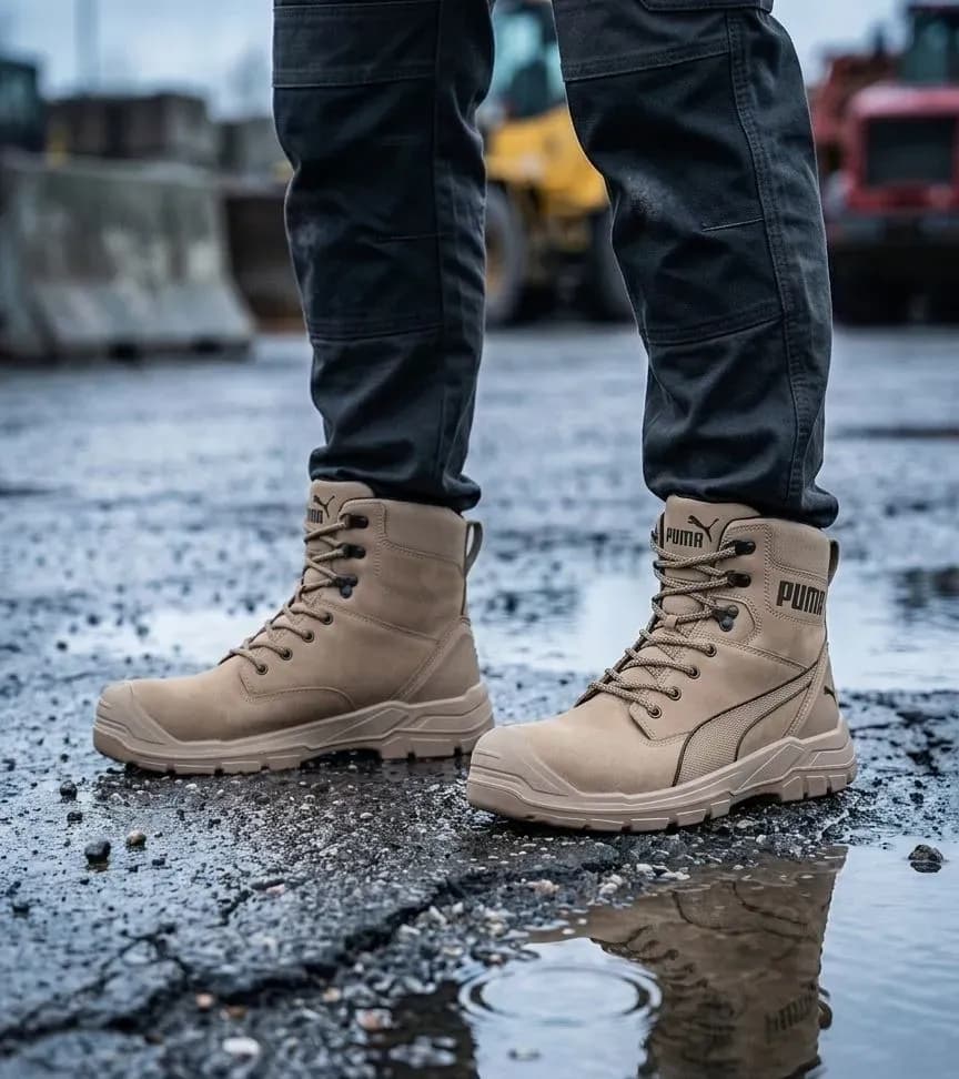 Stimmungsbild Puma Conquest Stone Hoch 630740 S3 auf nasser Baustelle