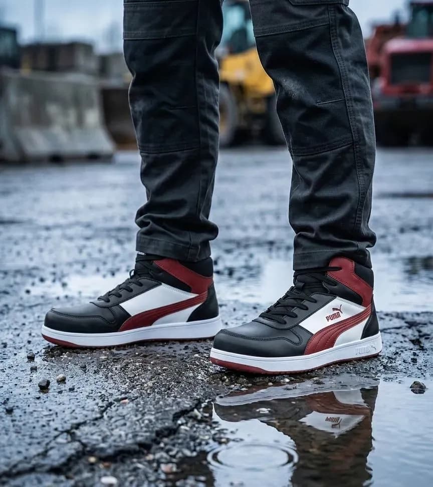 Stimmungsbild Puma Frontcourt Schwarz/Weiß/Rot auf nassem Bauplatz