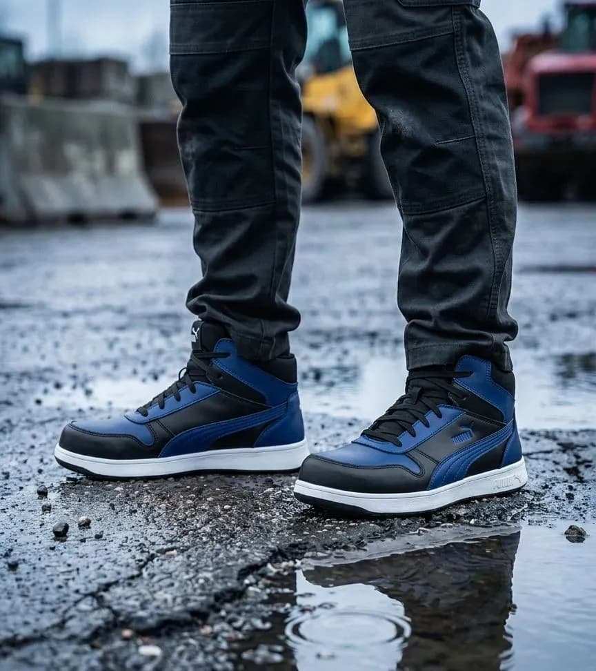 Stimmungsbild Puma Frontcourt Schwarz/Blau auf nassem Bauplatz