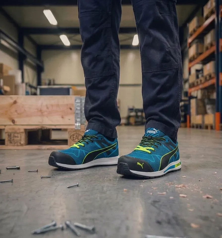 Stimmungsbild Puma Safety Blaze Knit 643060 Niedrig S1P auf nassem Baustellenboden