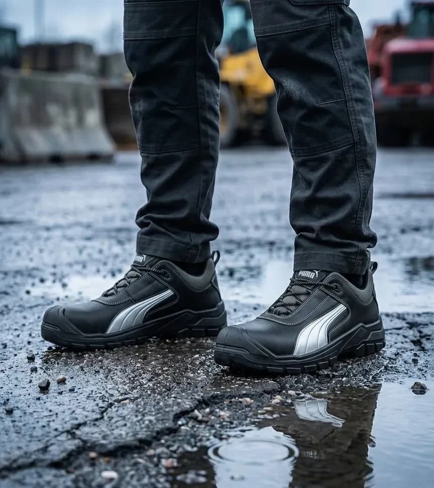 Atmospheric image of Puma Safety Cascades Low on a wet construction site