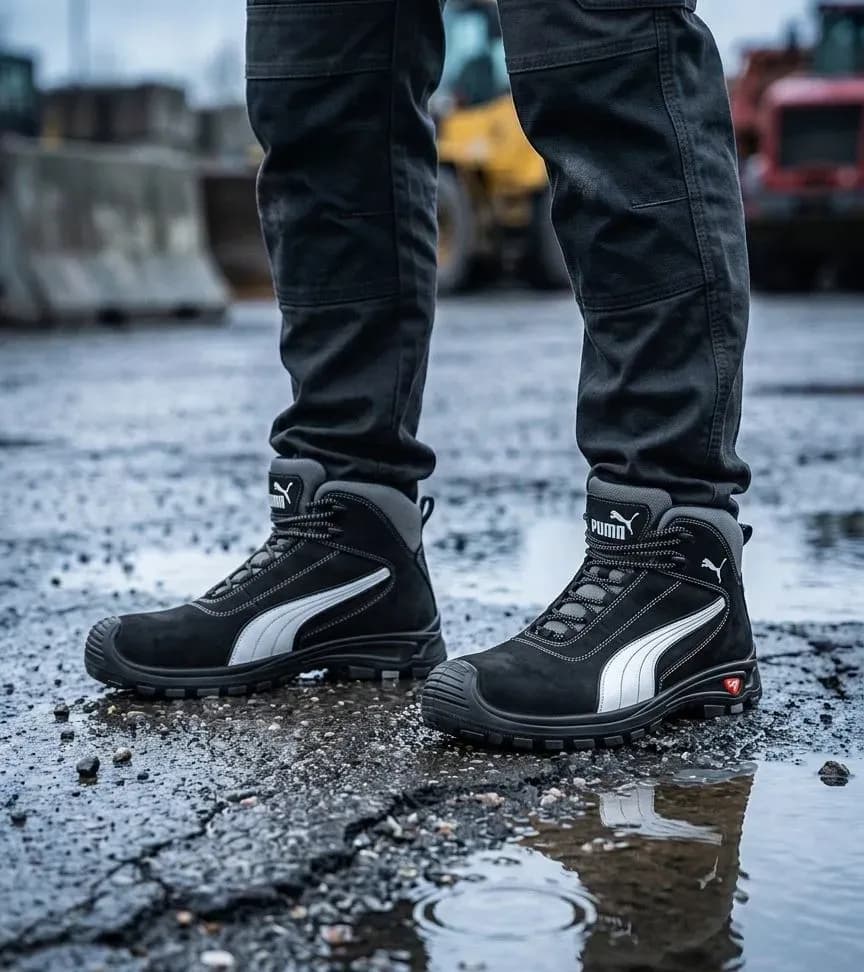 Atmospheric image of Puma Safety Cascades Mid on a wet construction site