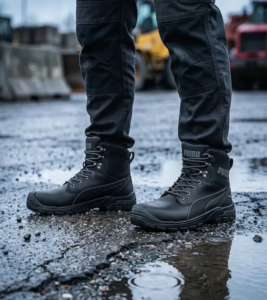 Sfeerafbeelding Puma Safety Conquest CTX Hoog 630730 S3 op natte bouwplaats