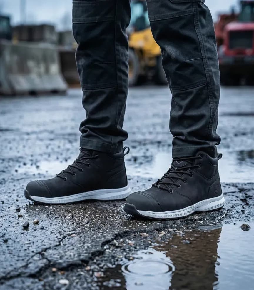 Atmospheric image of Python Legend Black High on a wet construction site