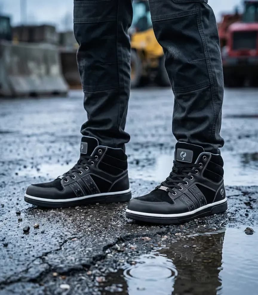 Atmospheric image of Quick Olympic Black on a wet construction site