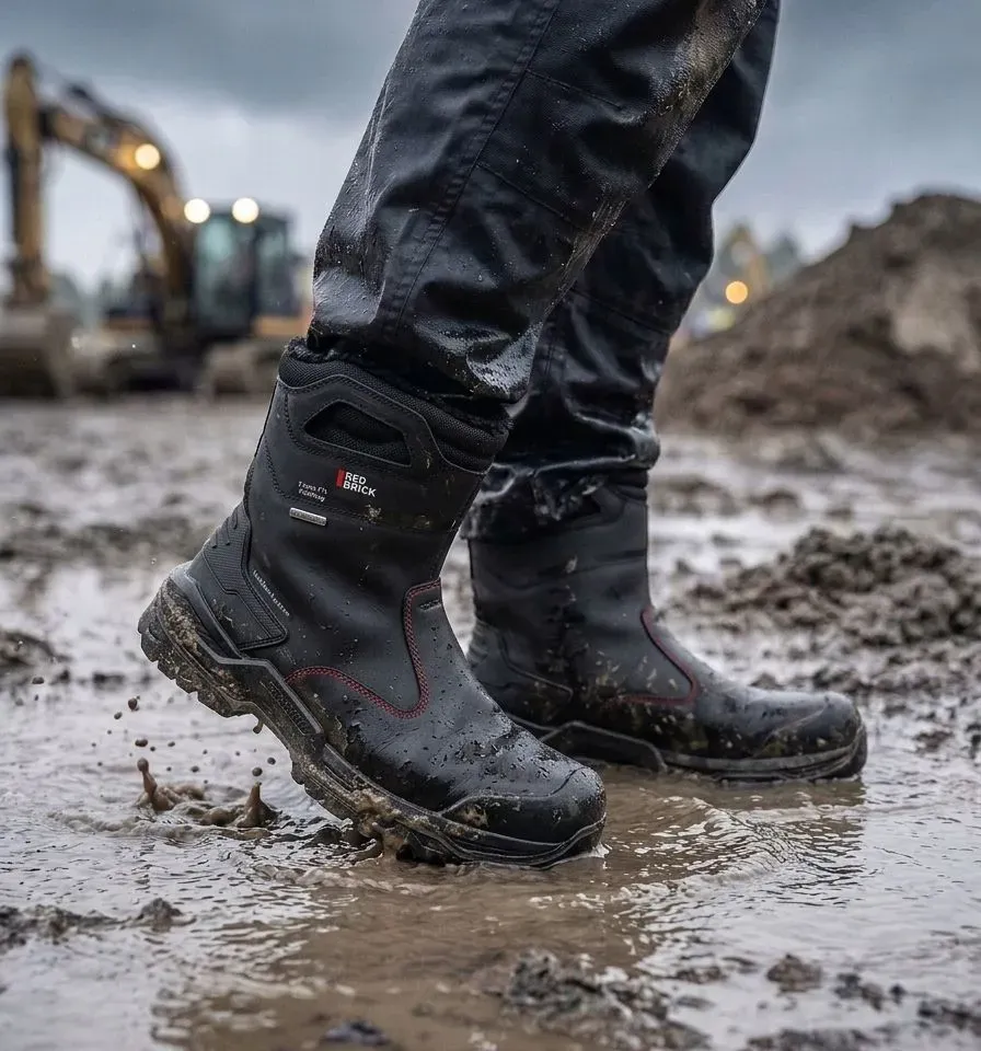 Sfeerafbeelding Redbrick Boot Zwart Gevoerd op natte bouwplaats