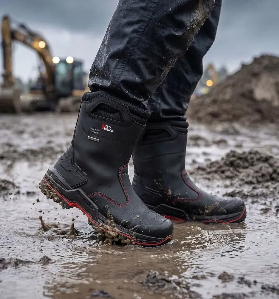 Sfeerafbeelding Redbrick Boot Zwart op natte bouwplaats