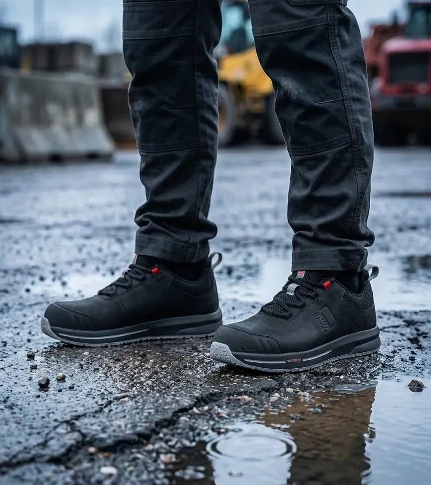 Atmospheric image of Redbrick Motion Shade on a wet construction site