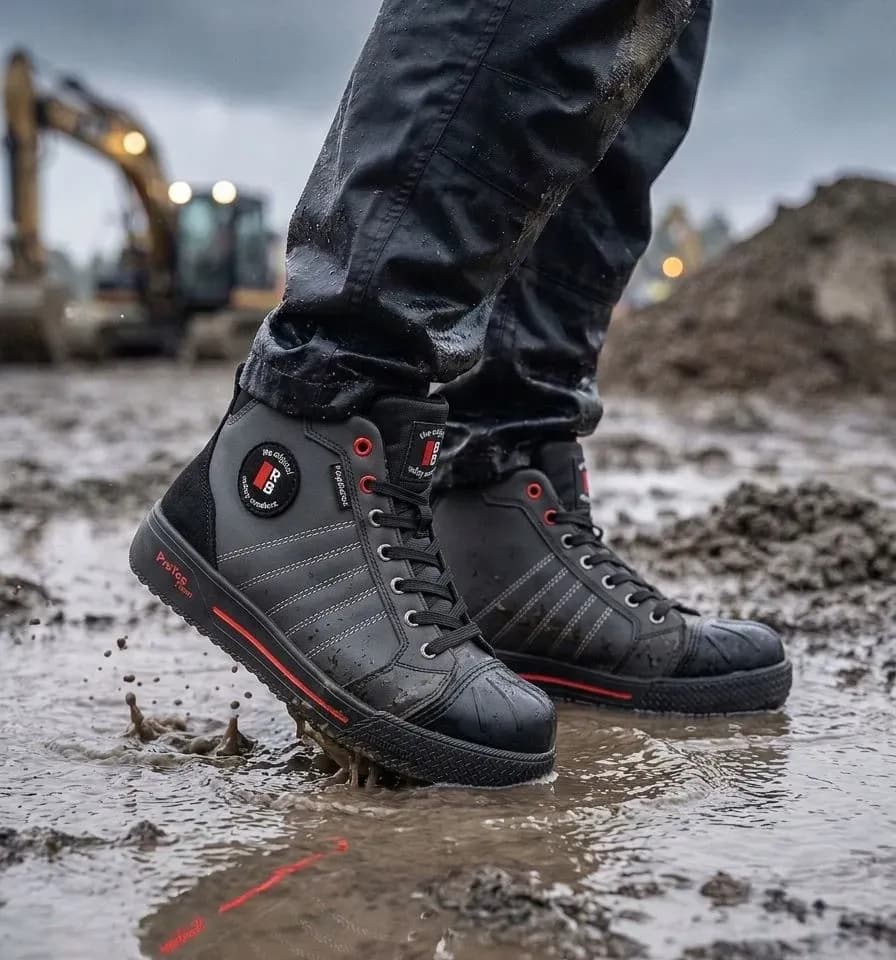 Stimmungsbild Redbrick Splash Sneaker auf nassem Bauplatz