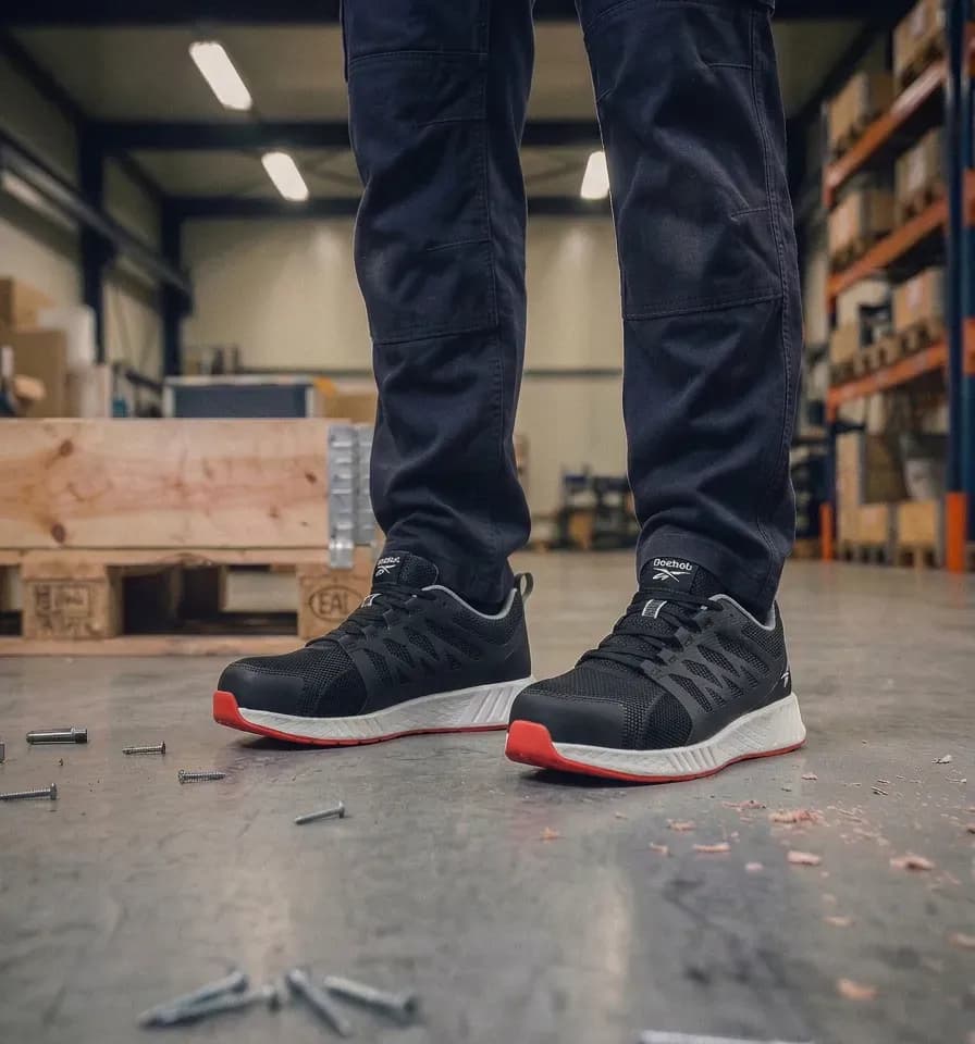 Obrazek atmosferyczny Reebok Fusion Flexweave Work 1076 na mokrym placu budowy