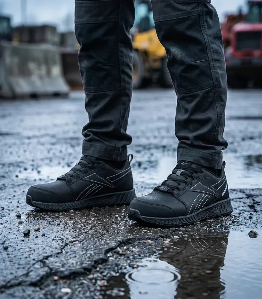 Atmospheric image of Reebok Fusion Flexweave Work 1080 on a wet construction site