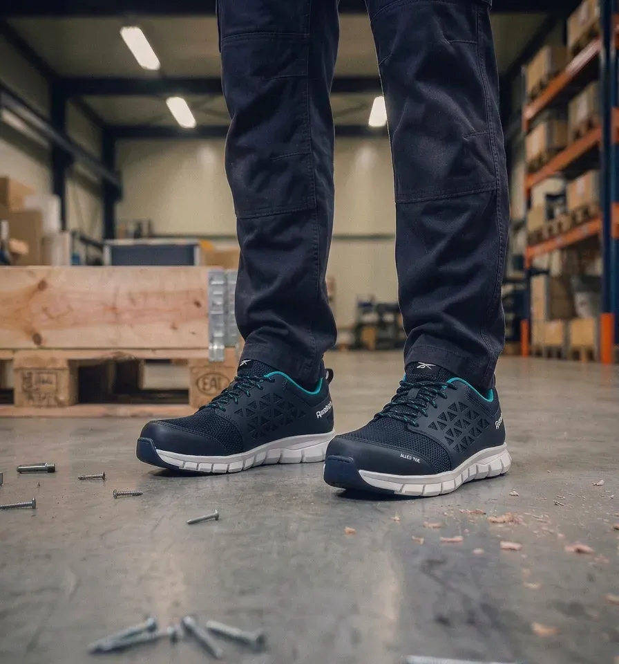 Stimmungsbild Reebok L131 Navy Damen auf nasser Baustelle