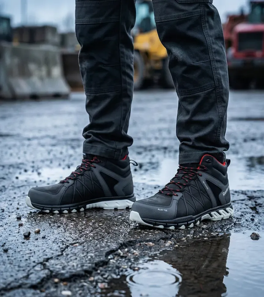 Atmospheric image of Reebok Trail Grip 1052 on a wet construction site