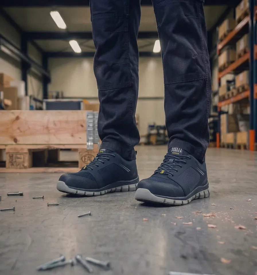Atmospheric image of Safety Jogger Ligero Navy on a wet construction site